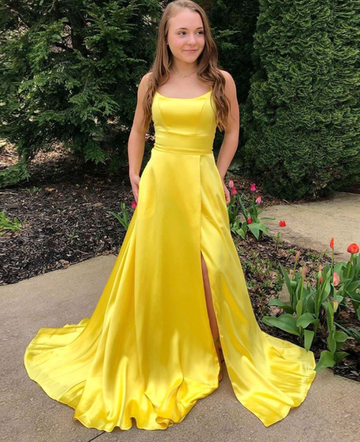 YELLOW SATIN LONG PROM DRESS SIMPLE EVENING DRESS HZ1023